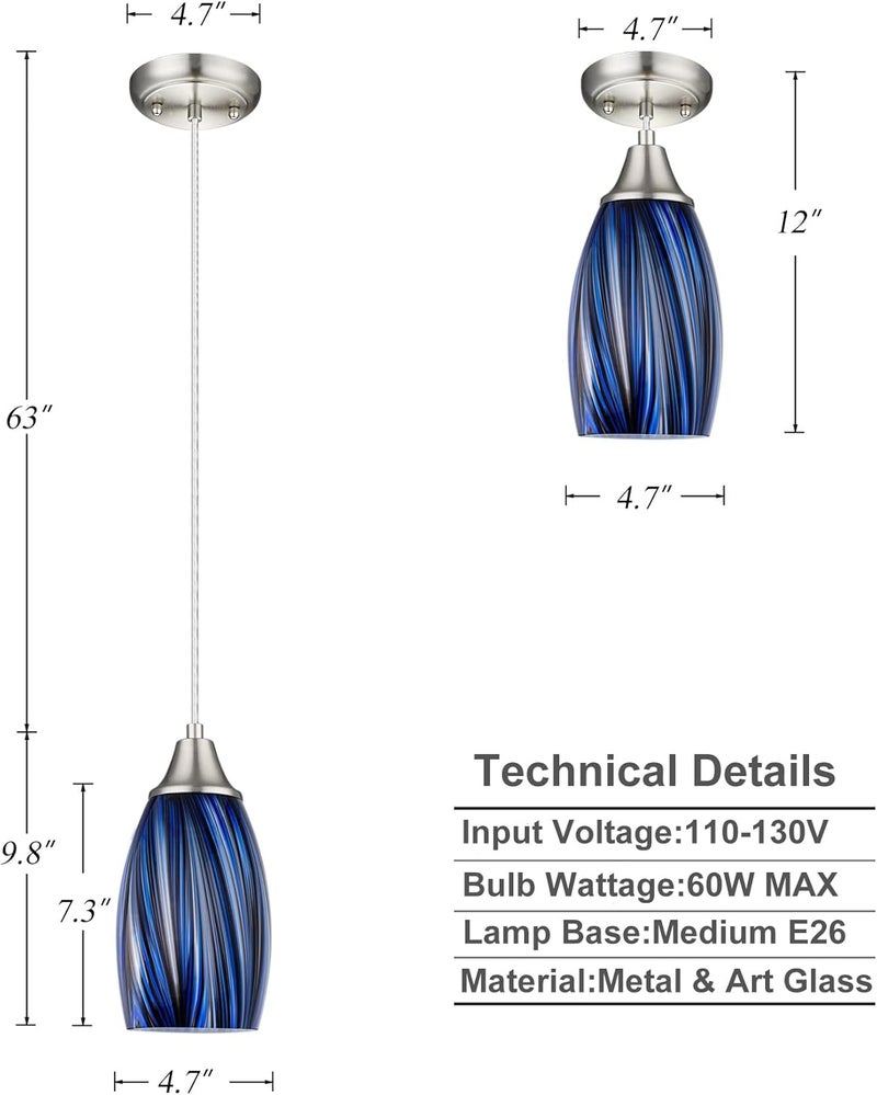 karyfine Mini Art Glass Dark Blue Pendant Lights Kitchen Island Hand Blown Mini Glass Pendant Lights with Brush Nickel Finish Adjustable Cord for Kitchen Over Sink,Hallway,Dining Room,Stairsway - Image 2